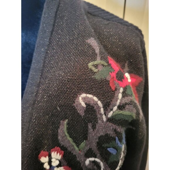 Black Floral Open Cardigan Pleated Embroidered L Whimsygoth Cottage Fairy Boho - Picture 5 of 7
